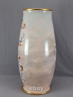 Vase Opaline de Bohème Josef Ahne Peint à la Main avec Dames, Chérubins & Or de 17 3/4 Pouces