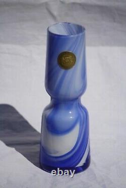 Vase en opaline bleu blanc vintage de Carlo Moretti Italie Murano 7,3 pouces avec étiquette