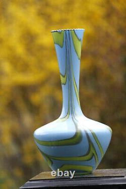 Vase en opaline vintage Italie Florence Carlo Moretti années 70 Tourbillons bleu verdâtre 12 pouces