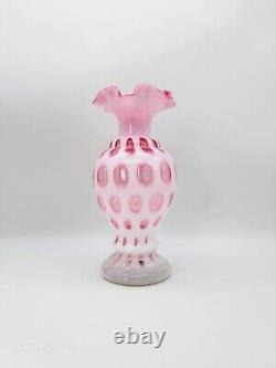 Vase en verre Fenton vintage 9 Cranberry Rose Opalescent bord festonné Coin Dot