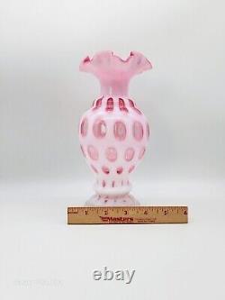 Vase en verre Fenton vintage 9 Cranberry Rose Opalescent bord festonné Coin Dot