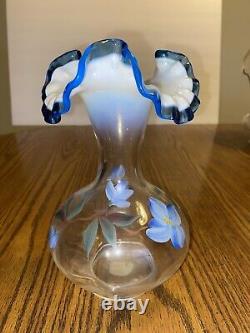 Vase en verre opalescent peint à la main Aqua Crest Fenton Art Glass signé