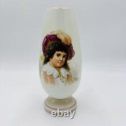 Vase en verre opalin d'art bohémien peint et signé portrait 9 pouces antique