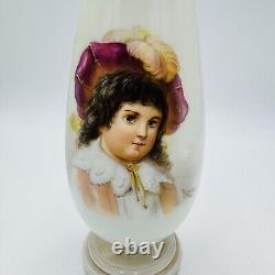 Vase en verre opalin d'art bohémien peint et signé portrait 9 pouces antique