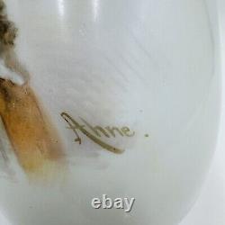 Vase en verre opalin d'art bohémien peint et signé portrait 9 pouces antique