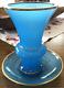 Vase En Verre Opaline Bleu Murano Vintage Et Plat Avec Bordure Dorée