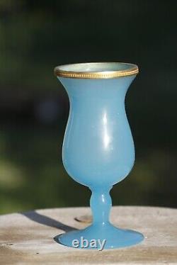 Vase en verre opaline bleu italien vintage avec bordure en perles d'ormolu 14cm 5.5 pouces Murano Nason