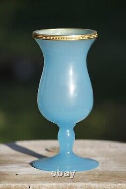 Vase en verre opaline bleu italien vintage avec bordure en perles d'ormolu 14cm 5.5 pouces Murano Nason