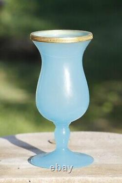 Vase en verre opaline bleu italien vintage avec bordure en perles d'ormolu 14cm 5.5 pouces Murano Nason