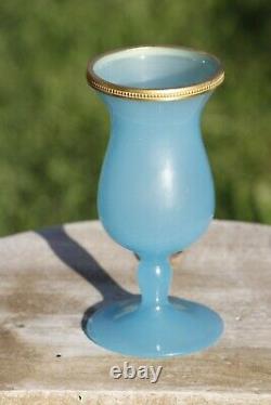 Vase en verre opaline bleu italien vintage avec bordure en perles d'ormolu 14cm 5.5 pouces Murano Nason