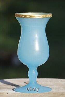 Vase en verre opaline bleu italien vintage avec bordure en perles d'ormolu 14cm 5.5 pouces Murano Nason