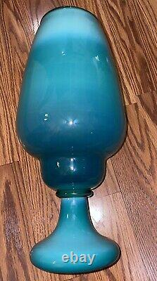 Vase en verre polonais opalescent turquoise MCM vintage