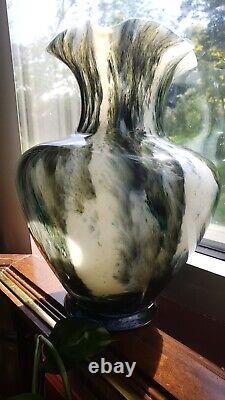 Vase italien de Florence en opaline vintage magnifique en verre marbré bleu et vert