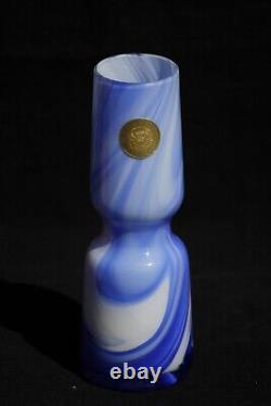 Vase opaline bleu et blanc vintage Carlo Moretti Italie Murano 7,3 pouces avec étiquette