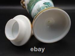 Vase urne en verre opalin antique Harrach avec fleurs et oiseaux aquatiques peints à la main