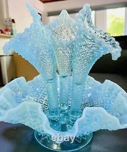 Verre FENTON vintage 10 Fleurs ÉPERGNE Opalescent Hobnail Diamond Lace, MINT