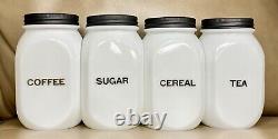 Vhtf Hocking White Clambroth Black Letters Art Déco 4 Piece Canister Jar Set