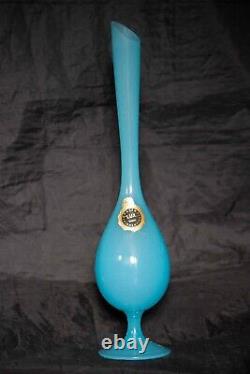 Vintage Empoli Tall Italien Bleu Opaline Vase 13in Label Original Opalina Lux