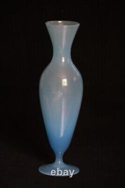 Vintage En Verre Opaline Bleu Italien À Pied Vase 70s 24,5cm 9.6in Murano