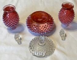 Vintage Fenton Art Glass Cranberry Opalescent Hobnail Powder Vanity Parfume Set