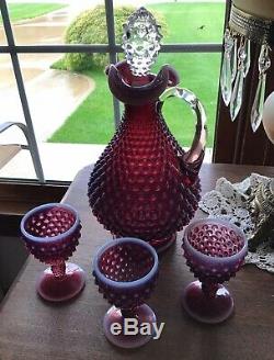 Vintage Fenton Art Glass Plum Opalescent Cloutés Decanter Et 3 Verres De Vin