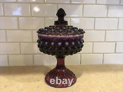 Vintage Fenton Art Glass Plum Opalescent Hobnail Covered Pedistal Candy Dish
