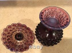 Vintage Fenton Art Glass Plum Opalescent Hobnail Covered Pedistal Candy Dish