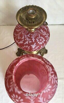 Vintage Fenton Art Glass Satin Cranberry Opalescent Fern Daisy Lamp