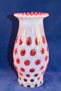 Vintage Fenton Cranberry Opalescent Coin Dot Hurricane Candle Lamp Shade