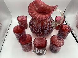 Vintage Fenton Cranberry Opalescent Daisy & Fern Pitcher Avec 7 Verres Nice Set