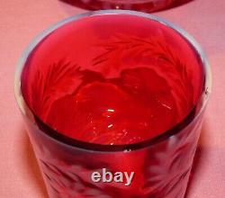 Vintage Fenton Cranberry Opalescent Daisy & Fern Water Set 7 Pièces Pitcher &
