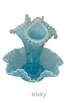 Vintage Fenton Opalescent Aqua Hobnail Epergne Ruffled Centerpiece Vase 3 Horn