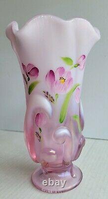 Vintage Fenton Pink Opalescent Rosemilk Glass Vase Hand Painted By B. Stanley