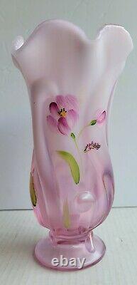 Vintage Fenton Pink Opalescent Rosemilk Glass Vase Hand Painted By B. Stanley