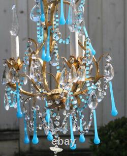 Vintage Lampe À Tole Italie Art Opalin Verre Swag Brass Cristal De Cage D'oiseau Prisms 3lit