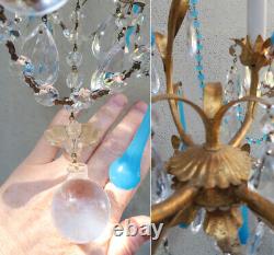 Vintage Lampe À Tole Italie Art Opalin Verre Swag Brass Cristal De Cage D'oiseau Prisms 3lit