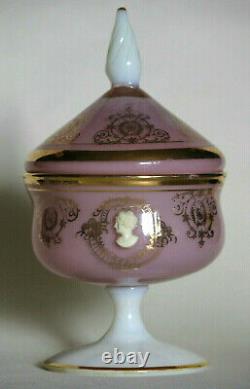 Vintage Mid-century Italienne Rose Opaline Boîte À Bonbons À Pied Avec Cameo 20cm 7.87in