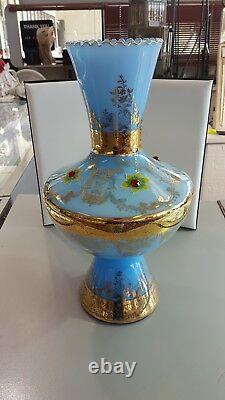 Vintage Murano Venetian Opaline Vase En Verre Or Enjoliveur Appliqué 15 Pouces De Haut