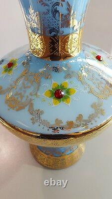 Vintage Murano Venetian Opaline Vase En Verre Or Enjoliveur Appliqué 15 Pouces De Haut