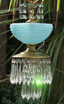 Vintage Swag Lampe Lustre Murano Bleu Opaline Bubble Art Verre En Laiton Cristal