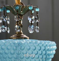 Vintage Swag Lampe Lustre Murano Bleu Opaline Bubble Art Verre En Laiton Cristal