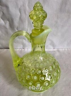 Vinture D'art De Fenton Glass Vaseline Topaz Opalescent Polkadot Cruet Pitcher N1
