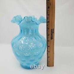 Vtg Fenton Verre Bleu Clair Opalescent Coin Dot Tall Ruffled Vase Aqua Spot 9x5