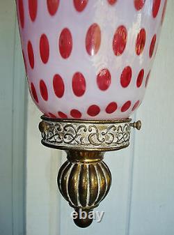 Œuvre Vintage Fenton Cranberry Opalescent Coin Dot Lampe Suspendue Avec Chaîne De 12'